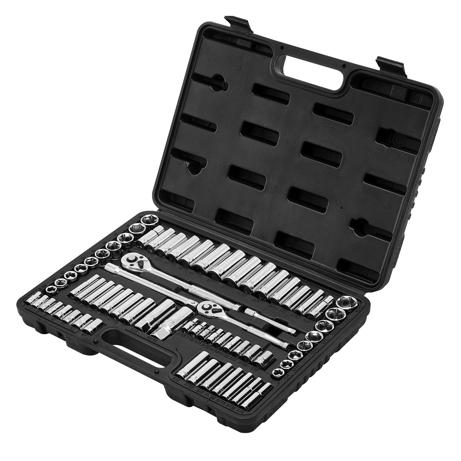 69-Piece Socket and Ratchet Set, 3/8 & 1/4 Inch Drive, SAE and Metric Sizes, 69-Piece Socket and Ratchet Set, 3/8 & 1/4 Inch Drive, SAE and Metric Sizes,