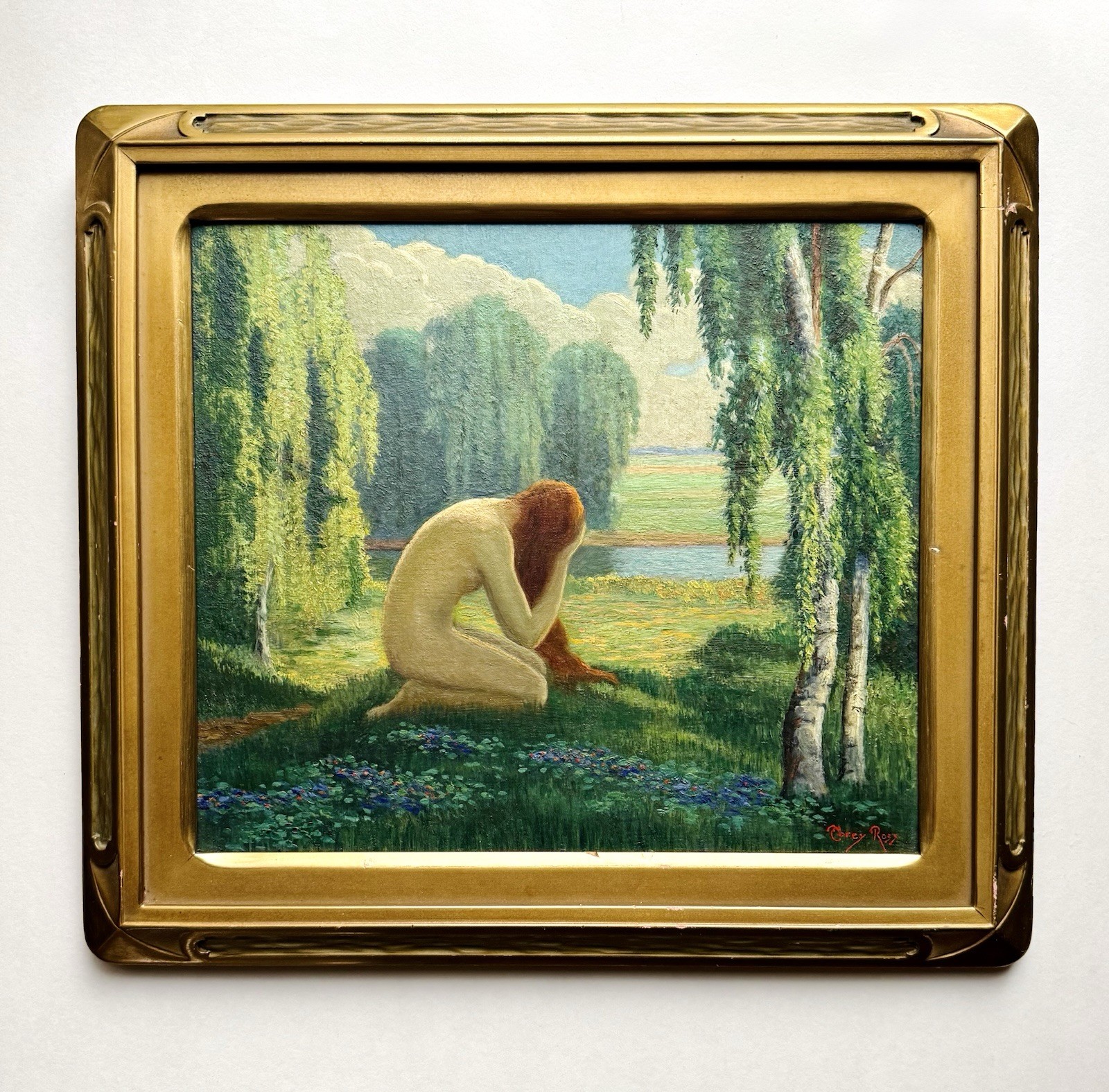 Original Torey Ross Painting Woman Kneeling in Idyllic Landscape 1920s Illinois
