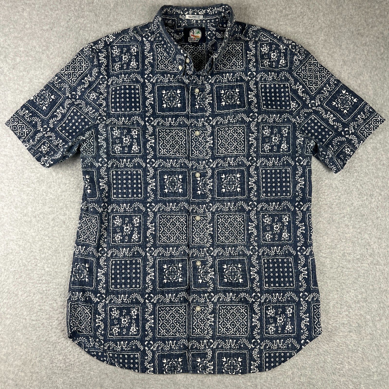 Reyn Spooner Hawaiian Aloha Shirt Short Sleeve Button Large Mens Blue Print