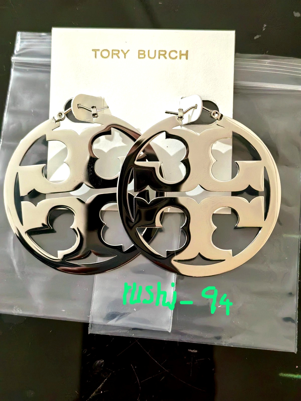 Tory Burch Classic Double T Logo Silver Large Hoop Pierced Earrings Tory Burch Classic Double T Logo Silver Large Hoop Pierced Earrings