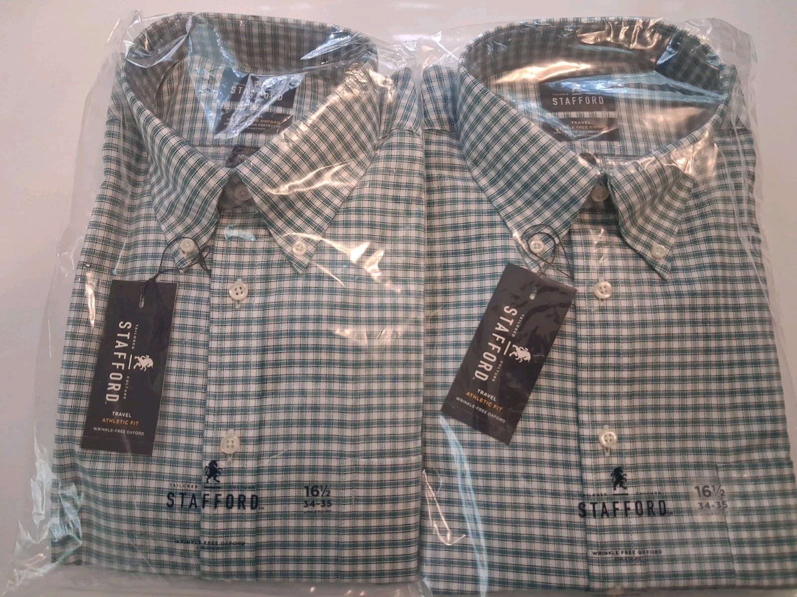 Stafford Travel Men Dress Shirt 2-Pack 16.5 34/35 Athletic Fit Green Plaid NWT