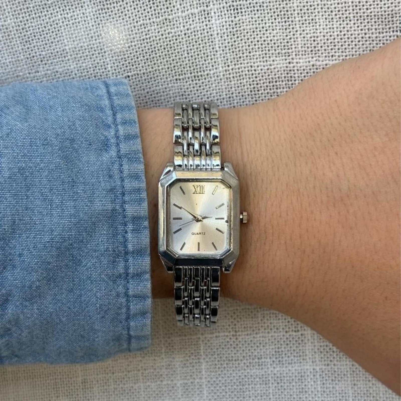 Silver Rectangle Watch, Silver Dial Quartz Watch, Y2K Wristwatch, Vintage 2000s