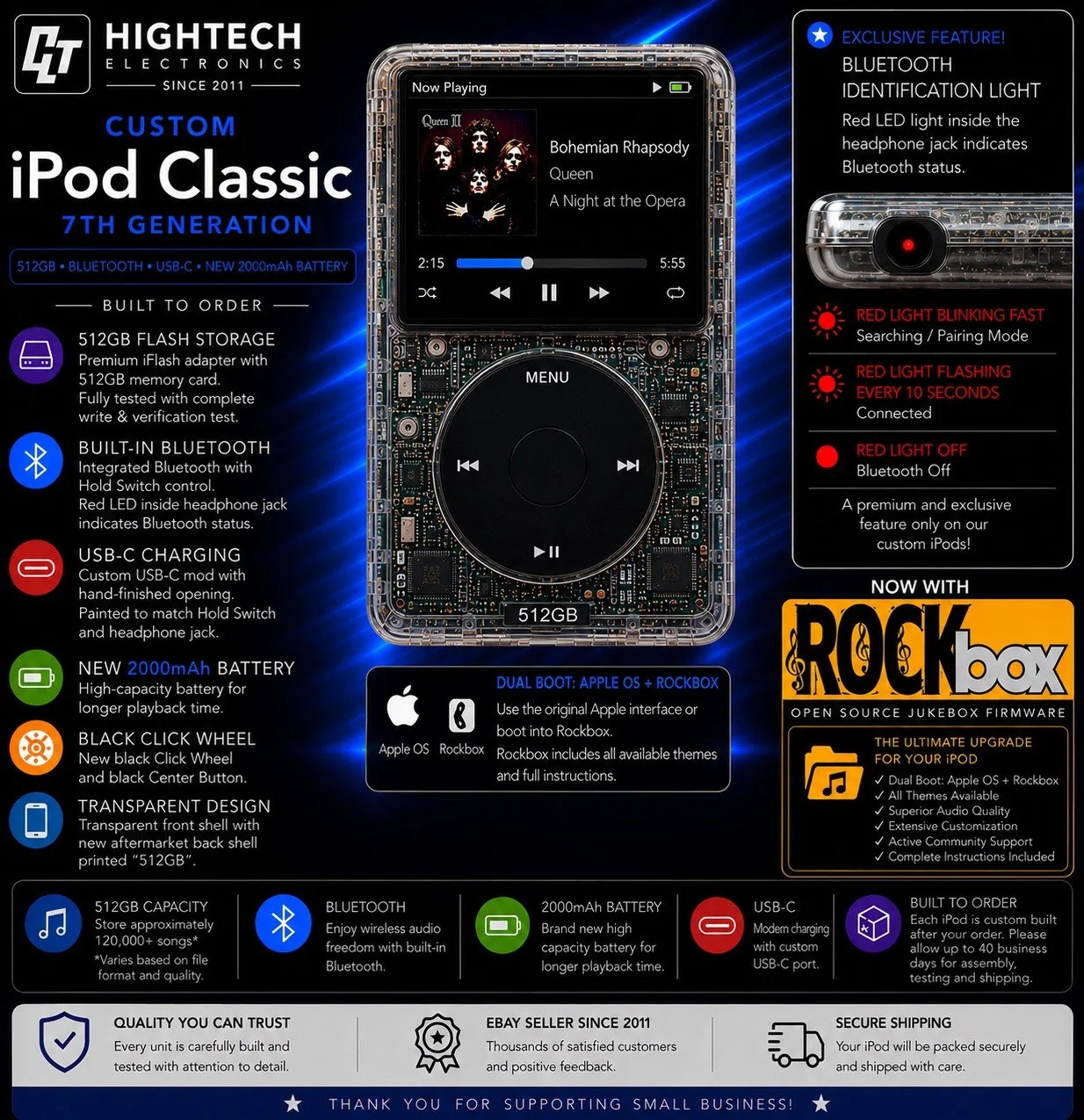 Custom iPod Classic 7th Generation – 512GB | Bluetooth | USB-C | Dual Boot