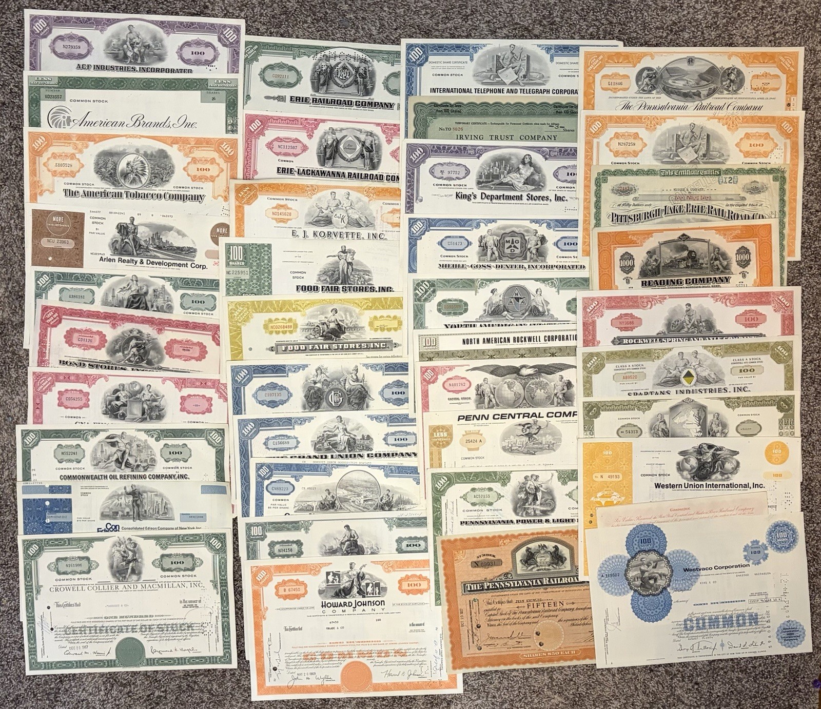 Lot of 40 Different Stock Certificates Various Industries Railroad Oil