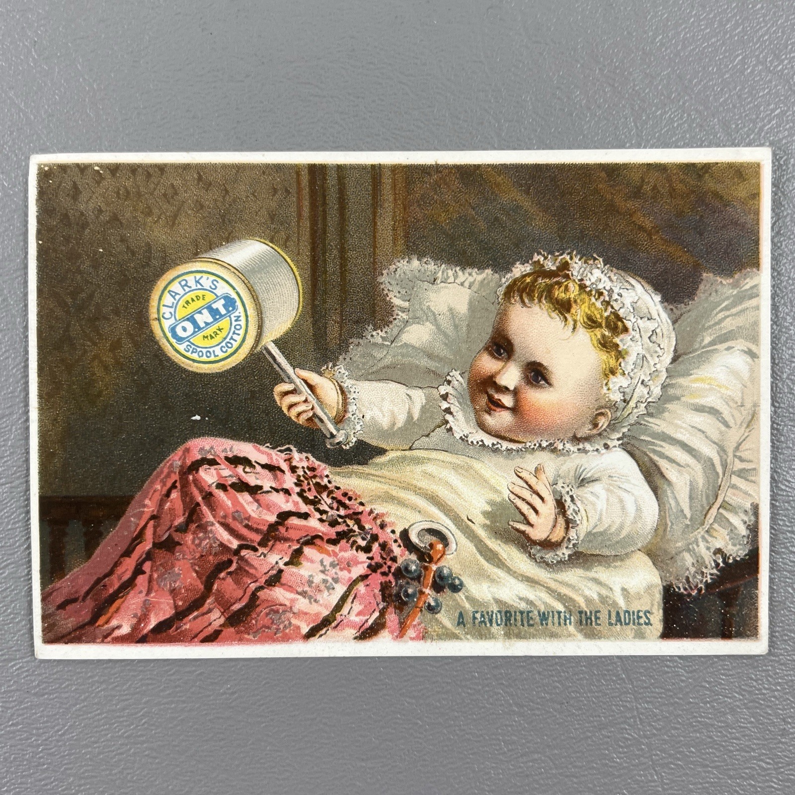 Victorian Trade Card Clark\'s Spool Cotton Thread Baby Spool Thread Pink Blanket