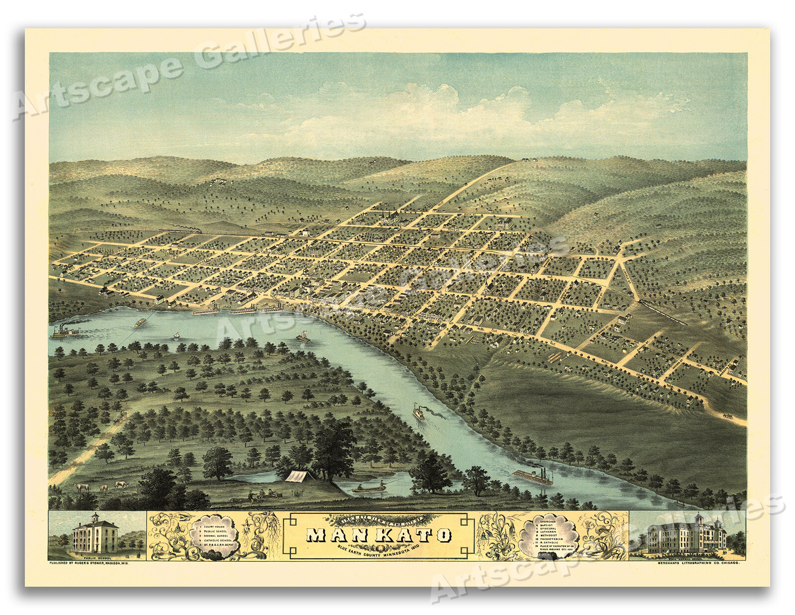 Bird\'s Eye View 1870 Mankato Minnesota Vintage Style City Map - 18x24