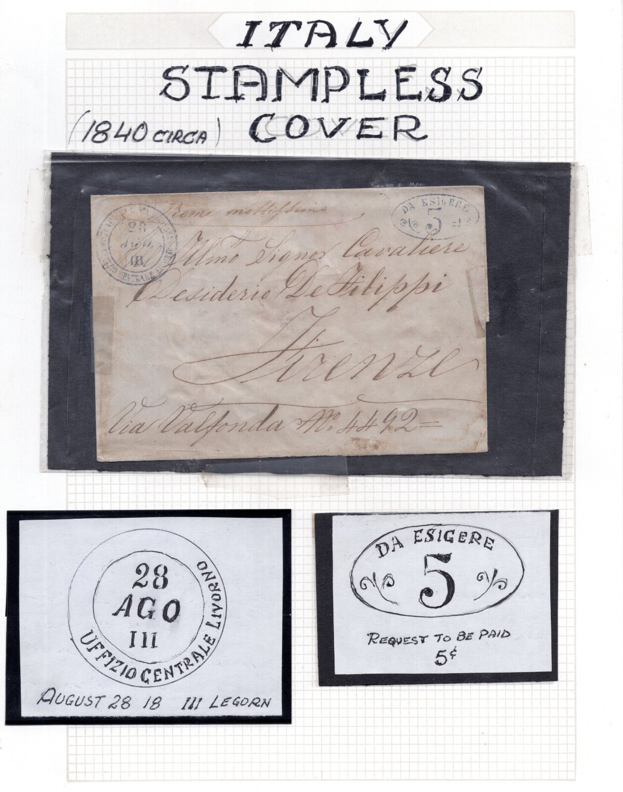 Italy 1840 Stampless Cover Livorno To Firenze With Earliest Postage Due Marking