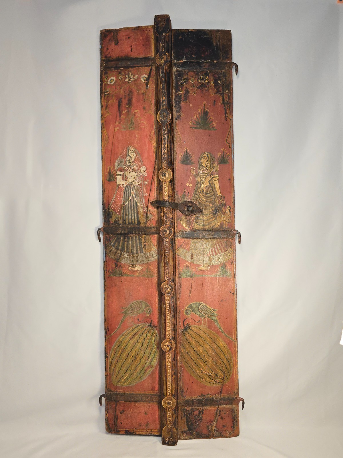 Antiq 18thC Indian Rajasthan Bikaner Painted Wood Window Shutter Panel Figural