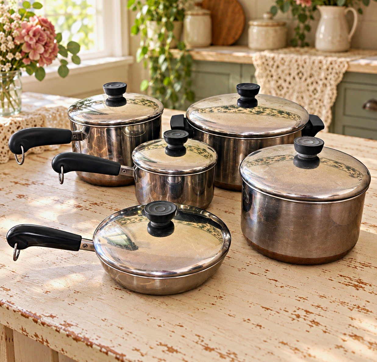 Vintage Revere Ware 1801 Copper Bottom 10-Piece Cookware Set USA