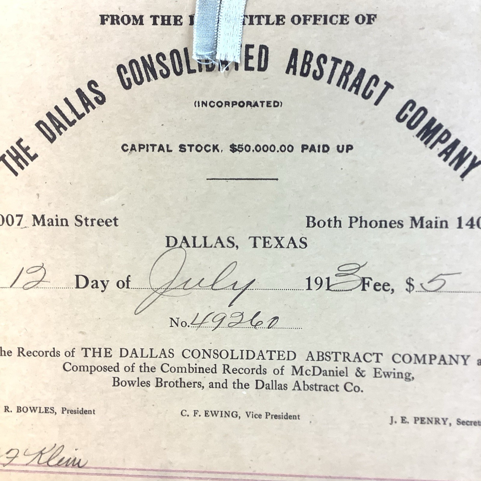 Antique Title Abstracts Pair 1913, 1914 Dallas Real Estate Lien Deed Of Release
