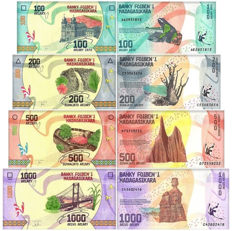 Madagascar 100-1000 Ariary 4 Pieces Full Set, 2017 ND, P-97-100, UNC Madagascar 100-1000 Ariary 4 Pieces Full Set, 2017 ND, P-97-100, UNC