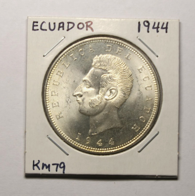 1944 Ecuador Cinco 5 Sucres .720 / .5787 Silver 25 Grams M Mexico Mint KM#79 1944 Ecuador Cinco 5 Sucres .720 / .5787 Silver 25 Grams M Mexico Mint KM#79