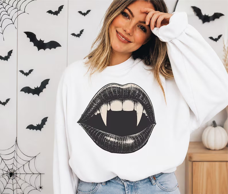 Vampire Fangs Sweatshirt, Gothic Ringer Halloween Hoodie