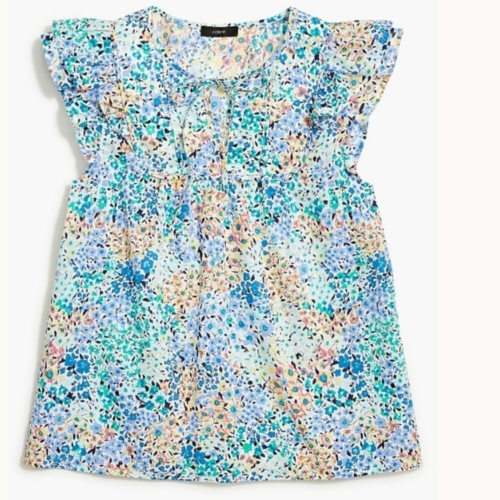 J. Crew Factory Blue Floral Flutter Sleeve Blouse Spring Flowers Career Top, XL J. Crew Factory Blue Floral Flutter Sleeve Blouse Spring Flowers Career Top, XL