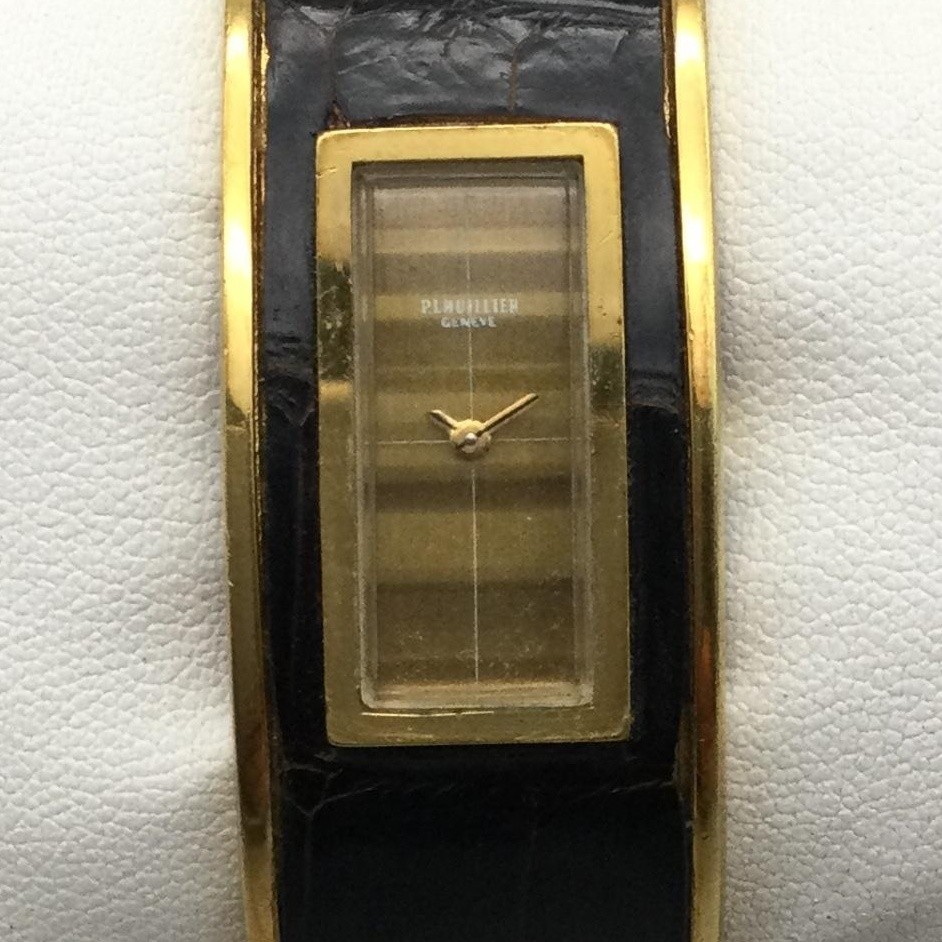 Vintage P.L’Huillier Geneve Womens Watch 20mm Gold Tone Black Manual Wind 6.25\