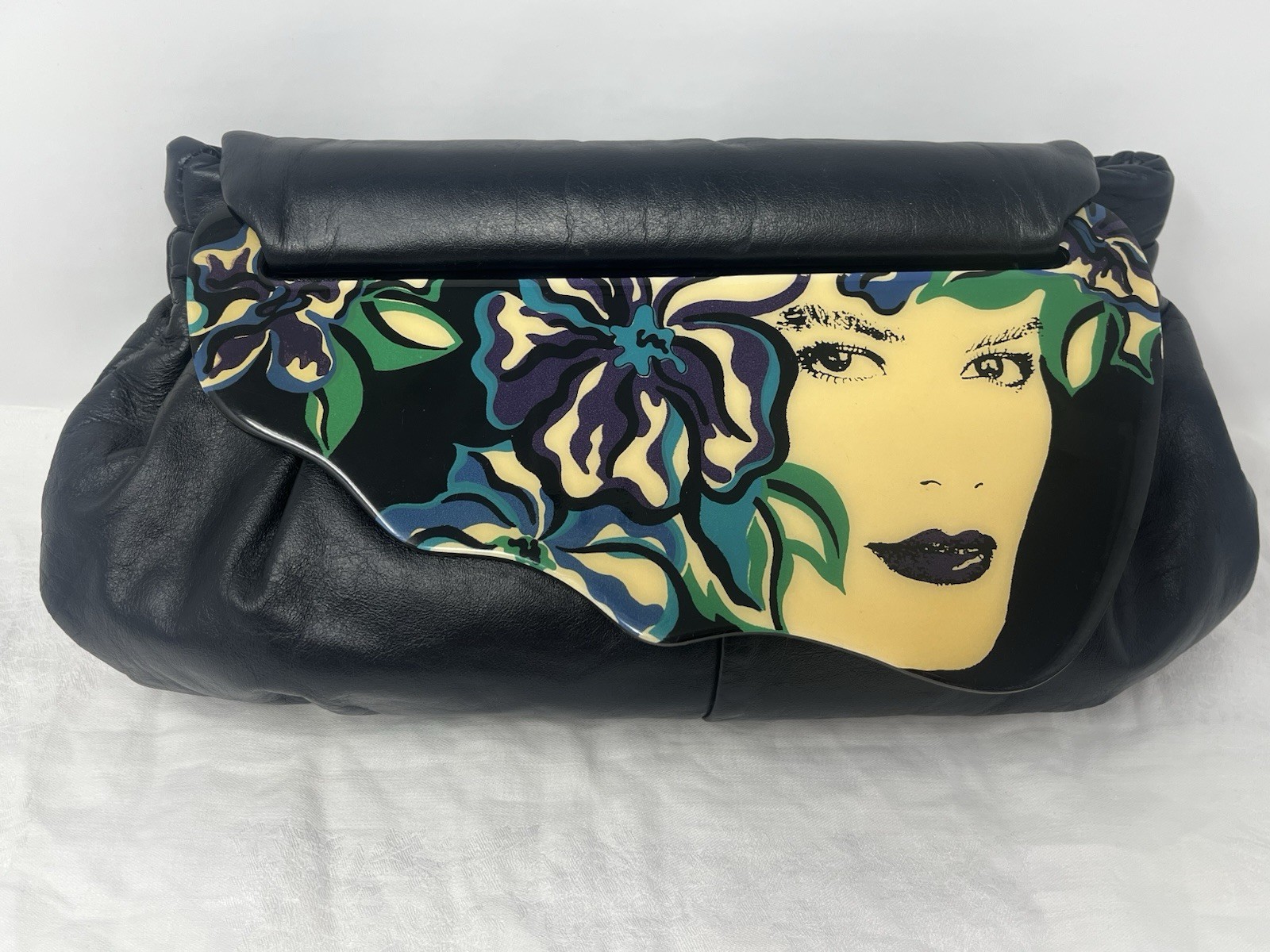 Vintage MOON BAGS Patricia Smith 80s Black Leather Beautiful Woman Face EUC