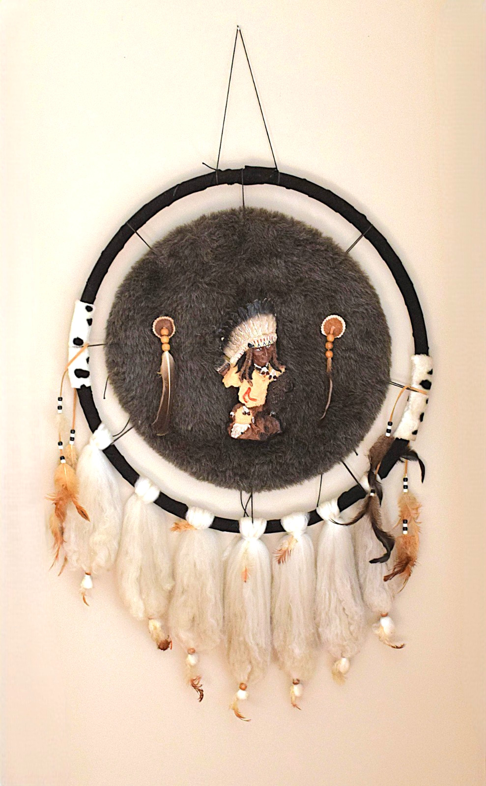 Large Vintage Native American Mandela With Chief Figure & Buffalo 38 x 24