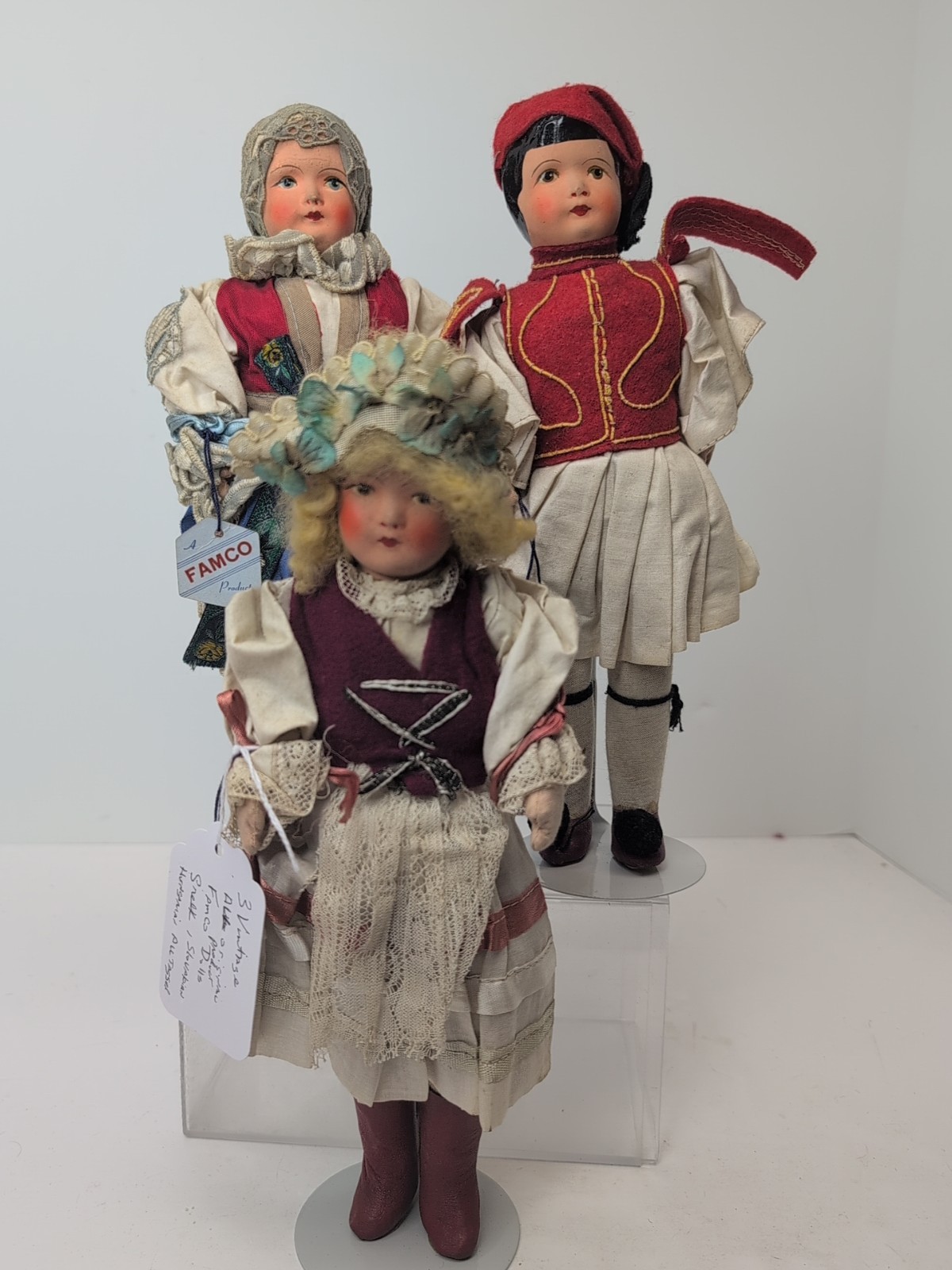 11” Vintage Famco 1940\'s Compo/Cloth Hungarian Greek Slovenia Lot Of 3 Dolls #o