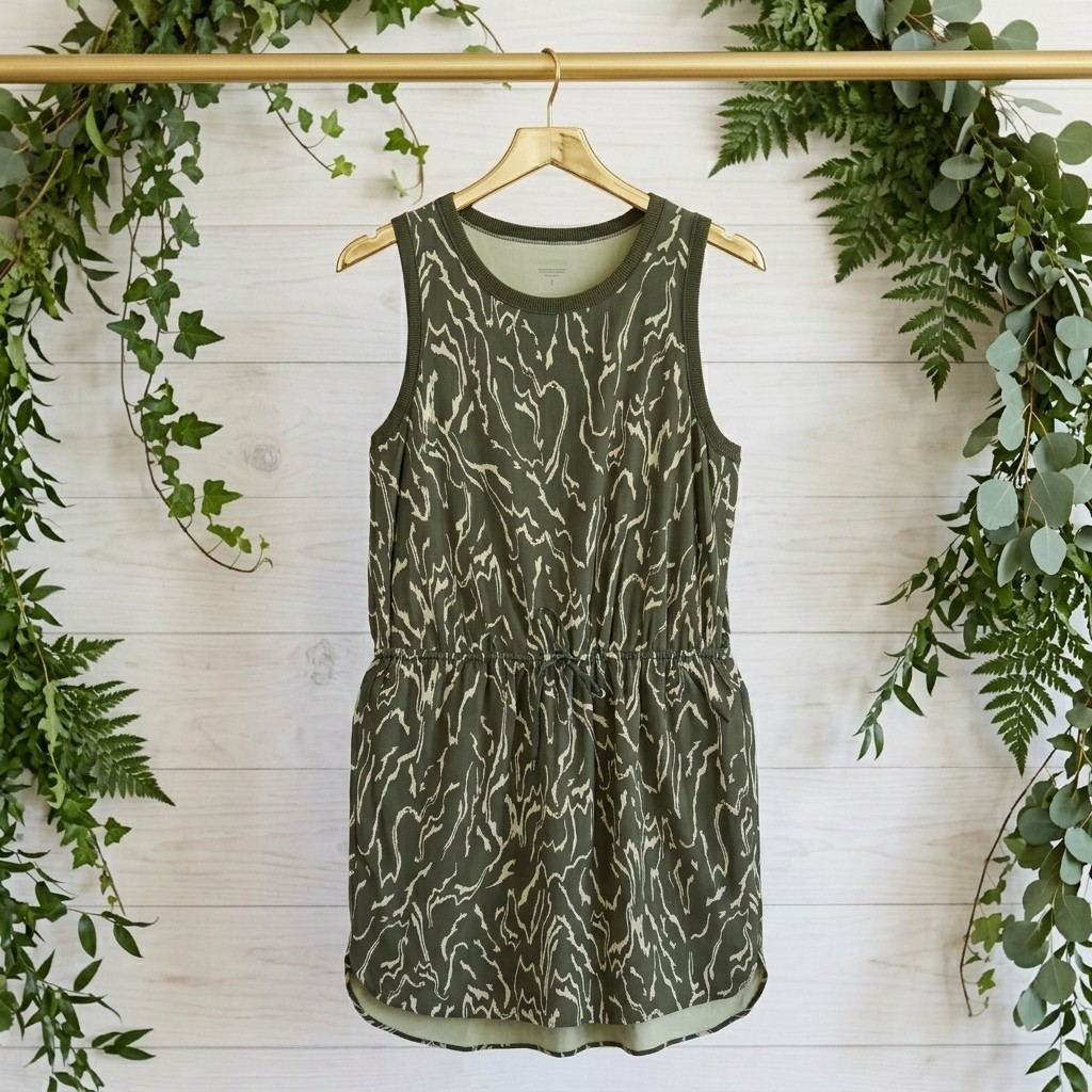 Athleta Rincon Print Dress L Olive Green Abstract Drawstring Waist Lightweight Athleta Rincon Print Dress L Olive Green Abstract Drawstring Waist Lightweight