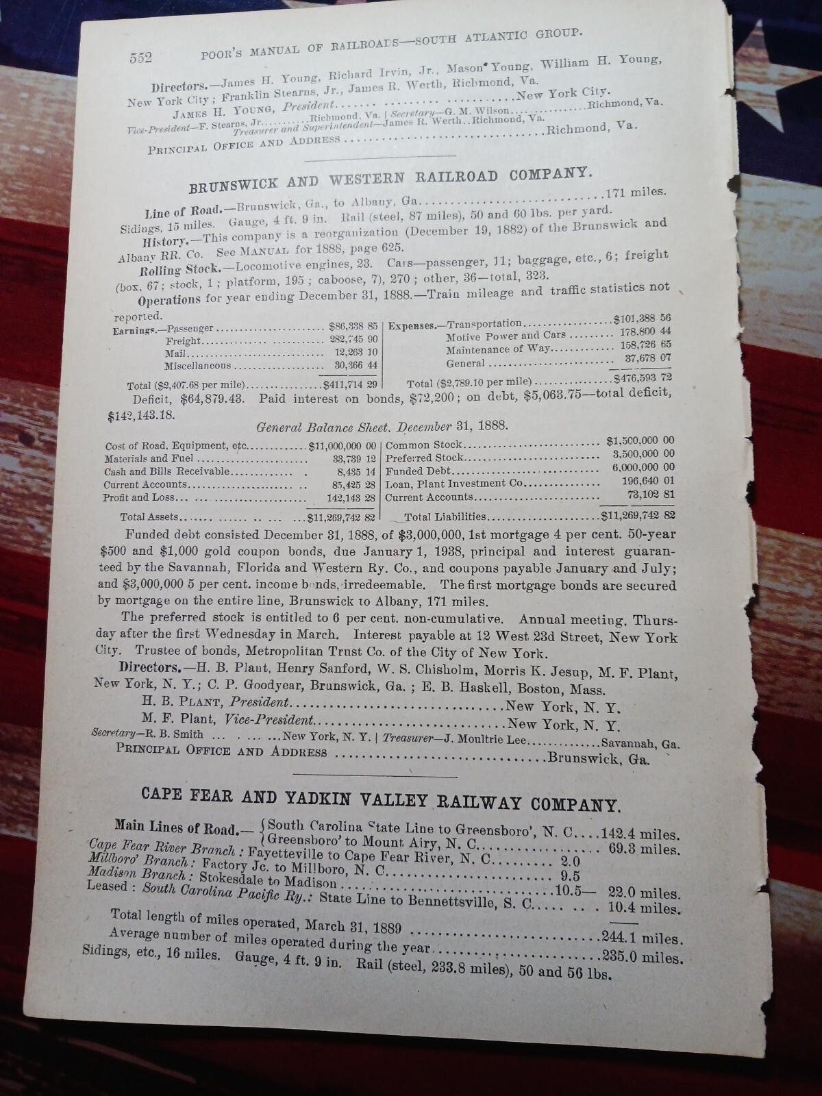 1889 Train Report ~ BRUNSWICK & WESTERN RAILROAD Albany Georgia