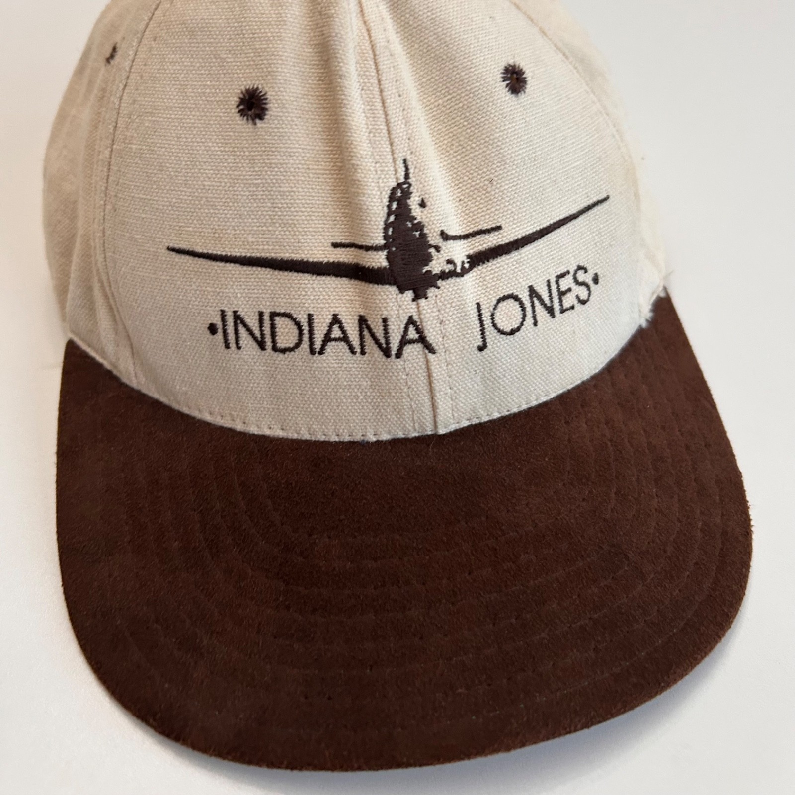 Vtg Indiana Jones Snapback Hat Beige Suede Bill Embroidered Plane USA LucasFilm Vtg Indiana Jones Snapback Hat Beige Suede Bill Embroidered Plane USA LucasFilm
