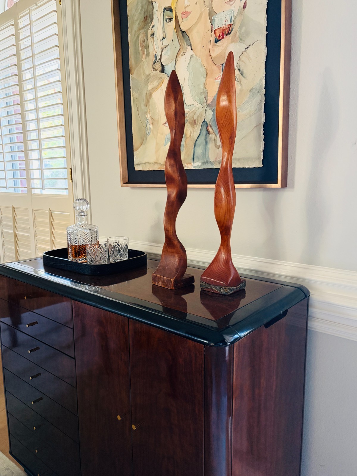 Vintage MCM Biomorphic Redwood Sculptures Pair Abstract Carved Wood 23” Mid Cent
