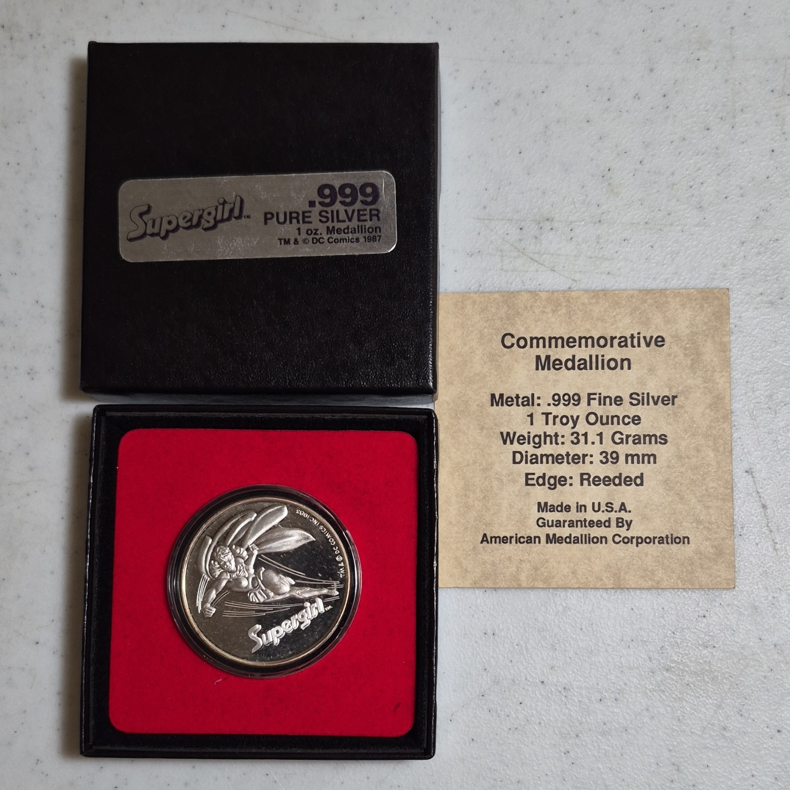 American Medallion Corporation Supergirl 1987 1 oz .999 Silver Medal American Medallion Corporation Supergirl 1987 1 oz .999 Silver Medal