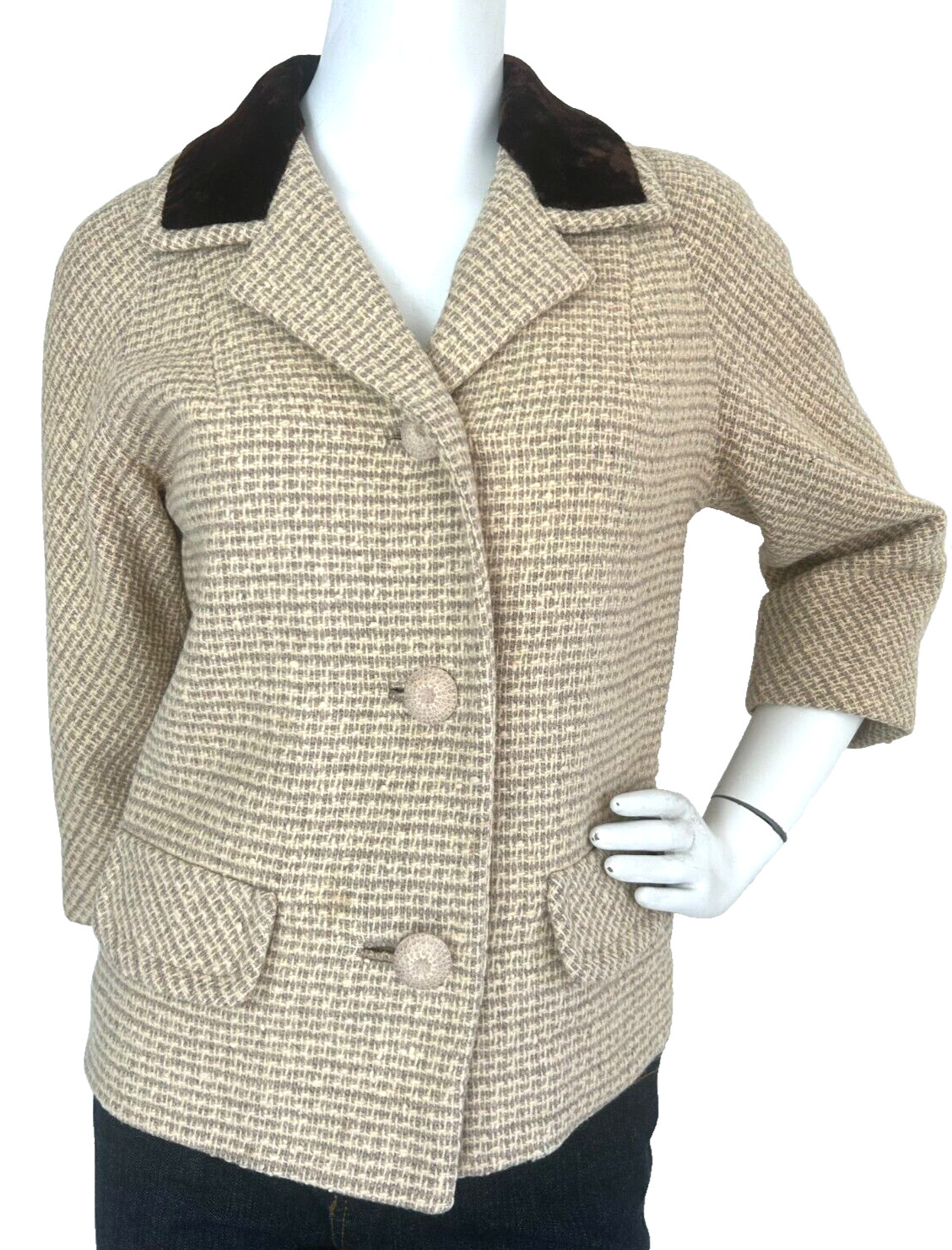 Vintage 1960s Printzess Tweed Car Coat Jacket Velvet Trim Jackie O Boxy Mod NOS