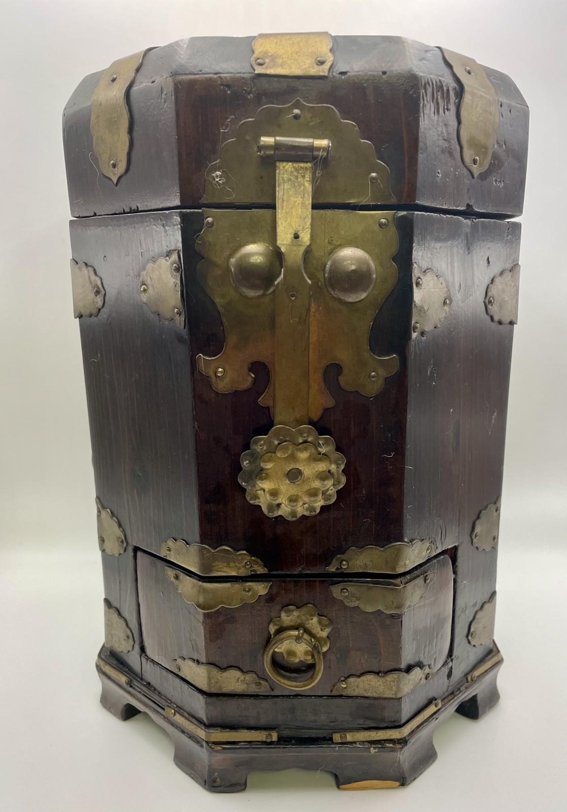 Vintage Chinese Hexagonal Wood And Brass Lined  Tea Caddy With Drawer Hinged Top