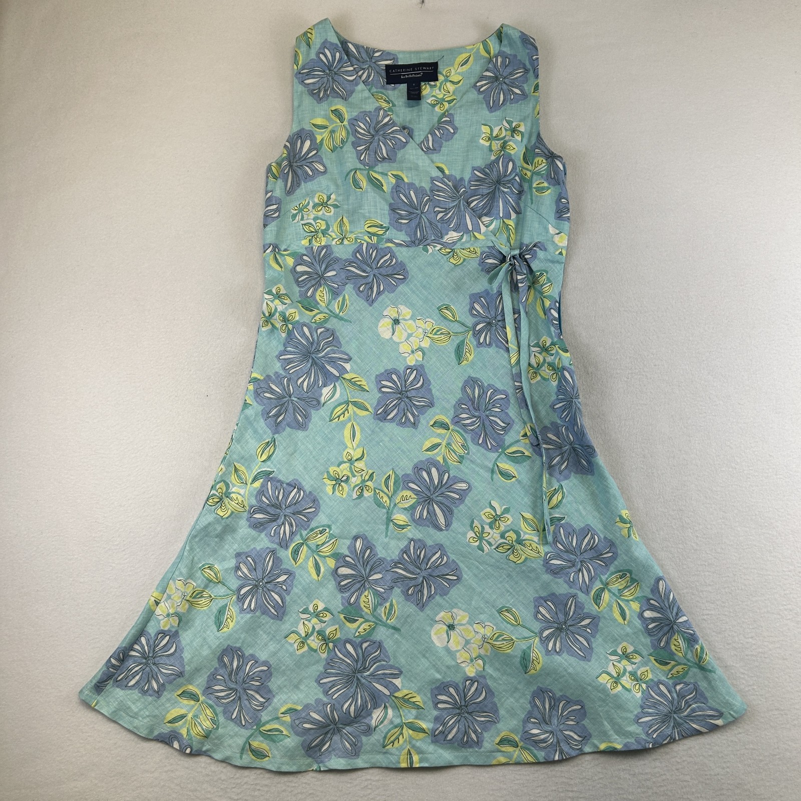 Catherine Stewart Sundress Womens 6 Blue Linen Floral Fit & Flare Broken Zipper