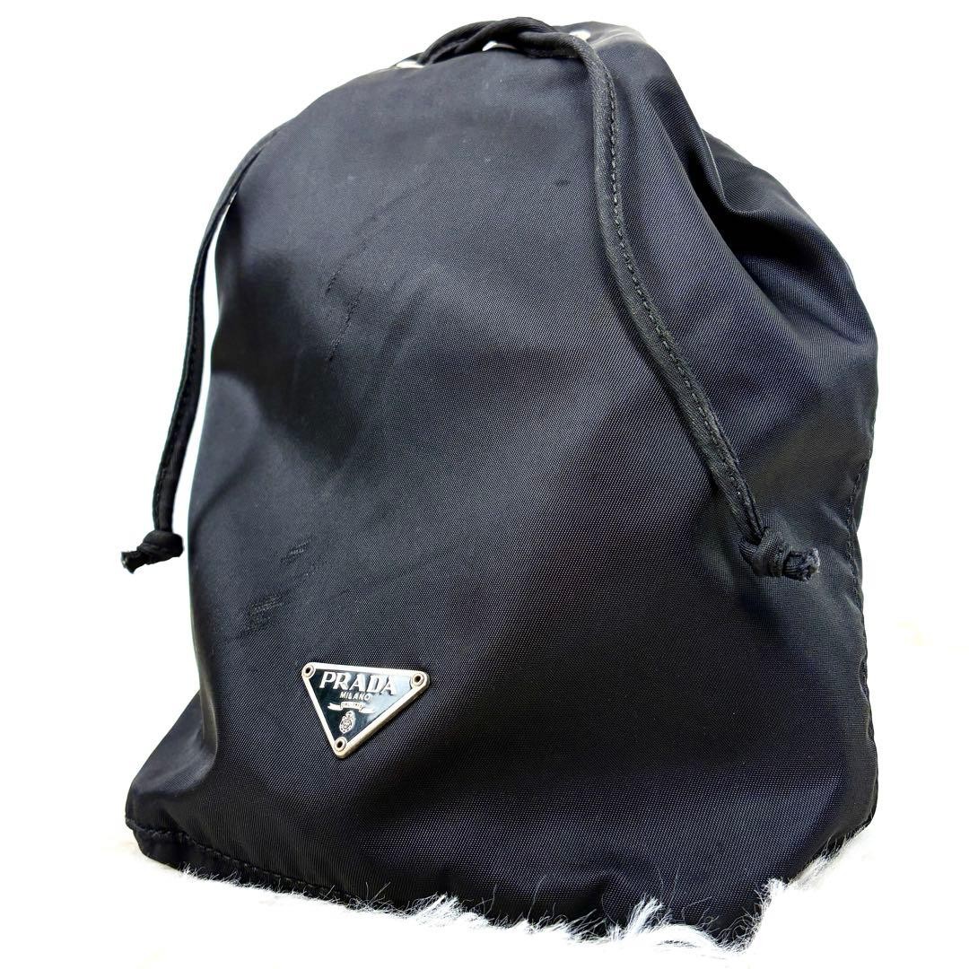 PRADA Pouch Black Nylon Triangle Logo Casual Drawstring Women