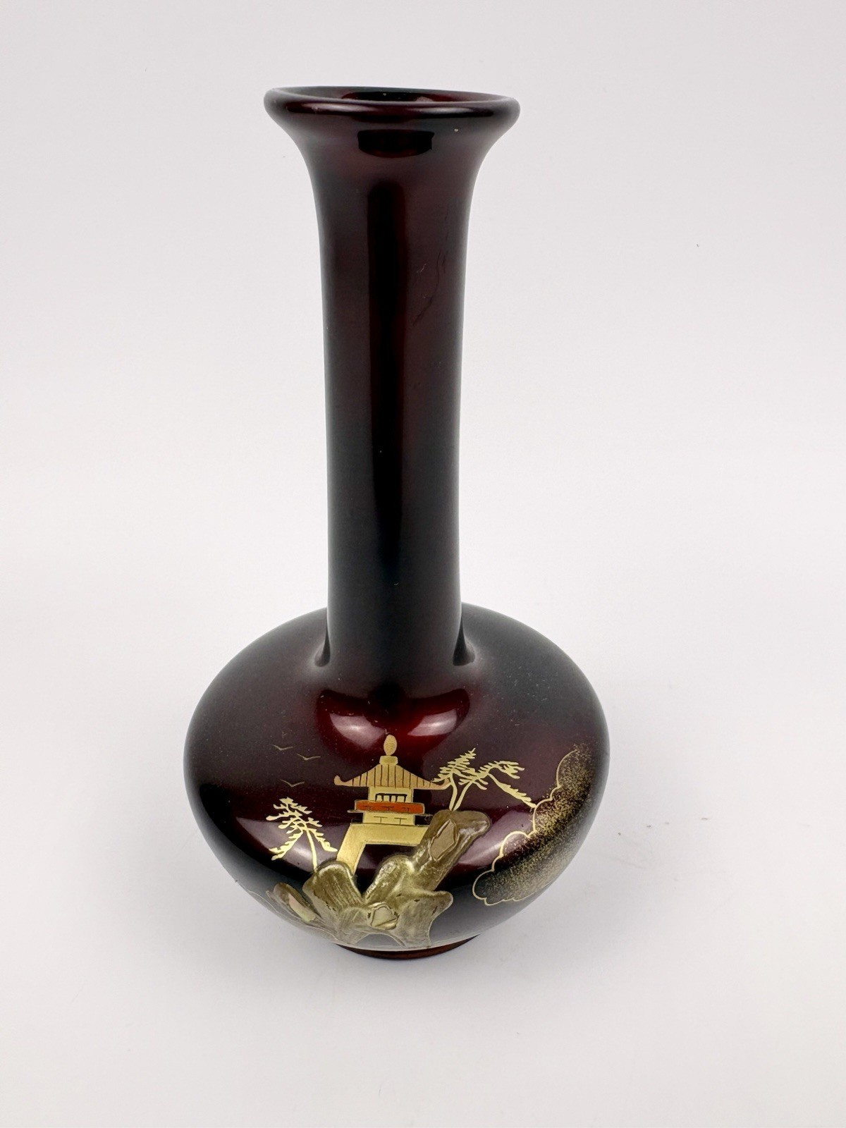 Vintage Japanese Porcelain Royal Maruni Metal Etched Scene Vase