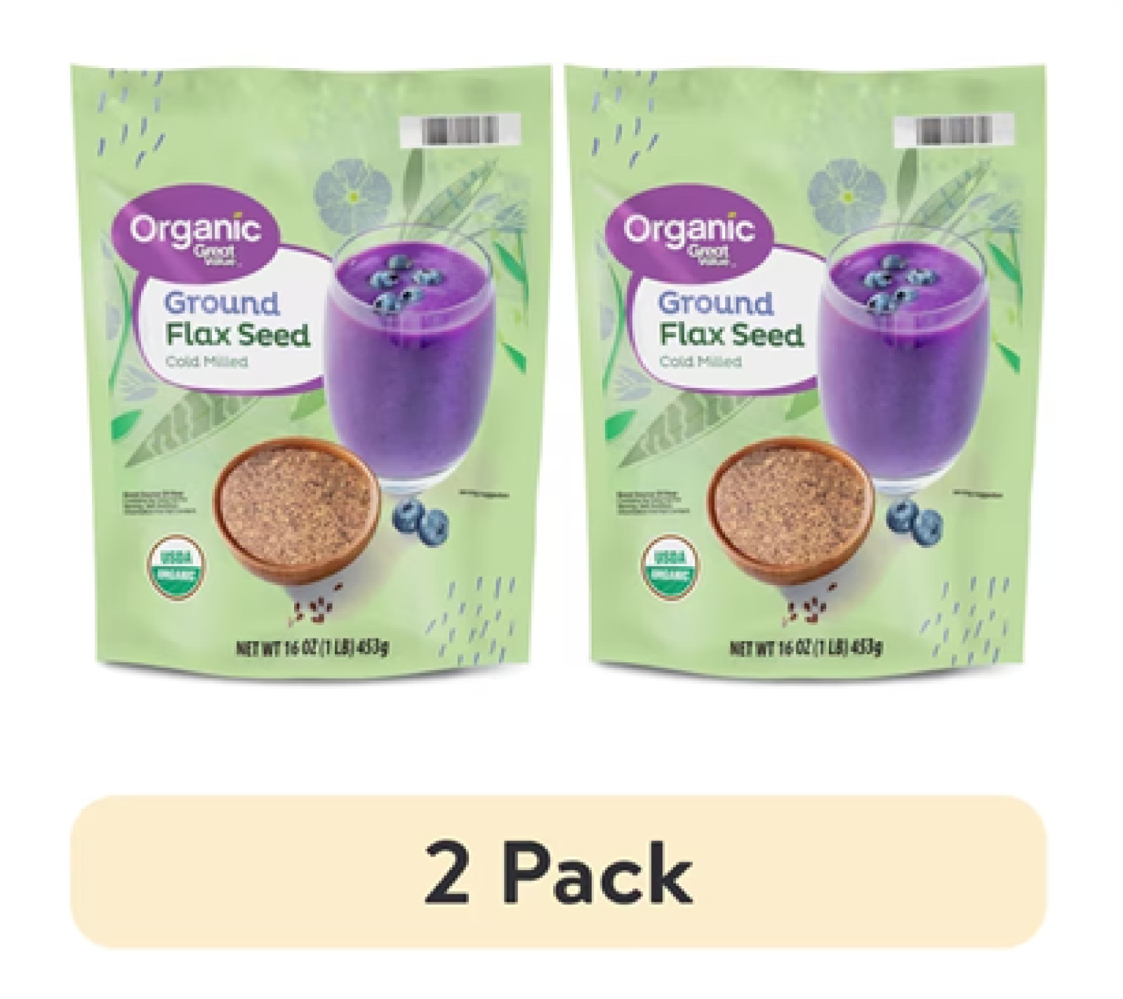 2 pk,Great Value Organic Ground Cold Milled Flax Seed,16 oz,453g,Allergen Free.