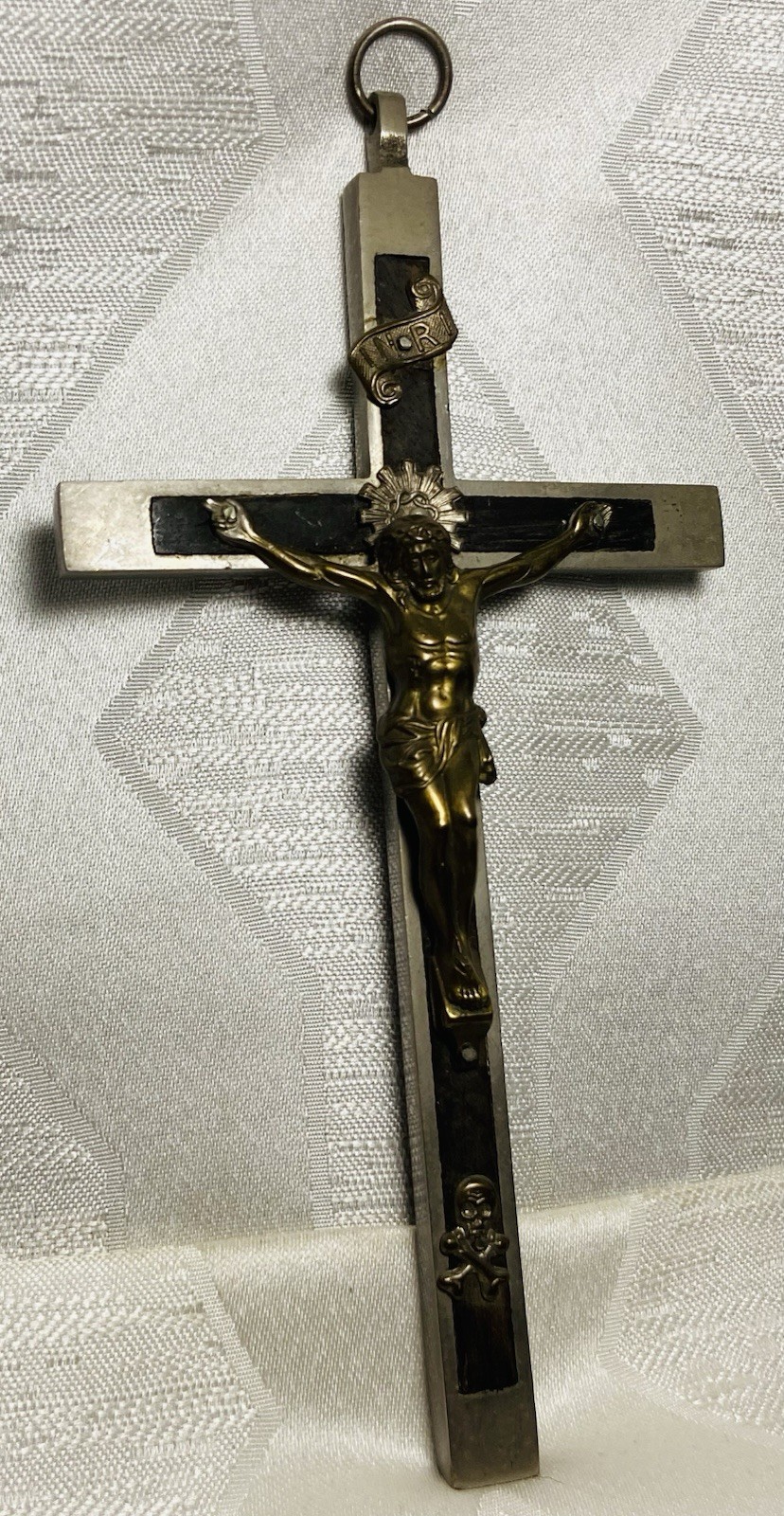 Vintage Pectoral Jesus Crucifix Skull Crossbones Cross Silver & Ebony Inlay 6”