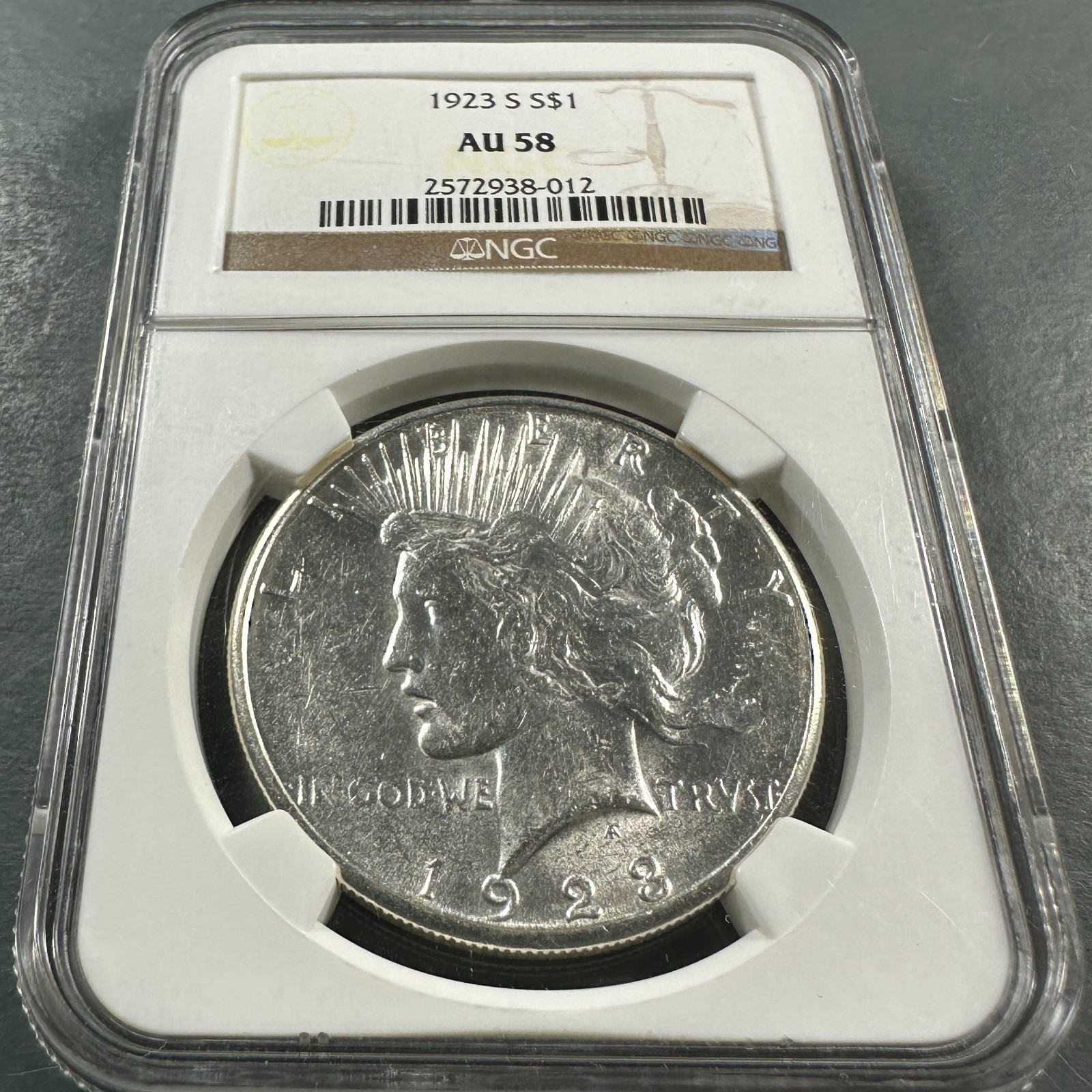 1923-S $1 Silver Peace Dollar, NGC AU58 (90904)