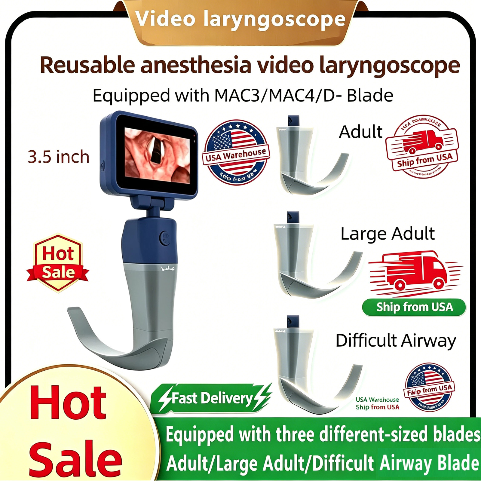 3.5″ Touch screen Video Laryngoscope Adult/Large Adult/Difficult Airway Blade