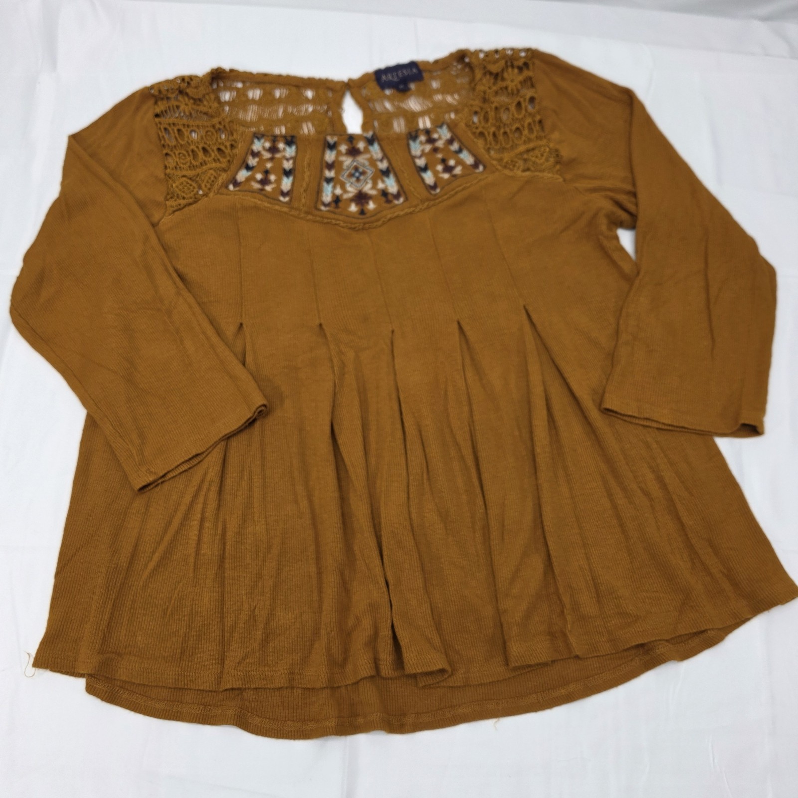 Artesia Womens Medium Boho Peasant Top Mustard Embroidered Crochet Lace