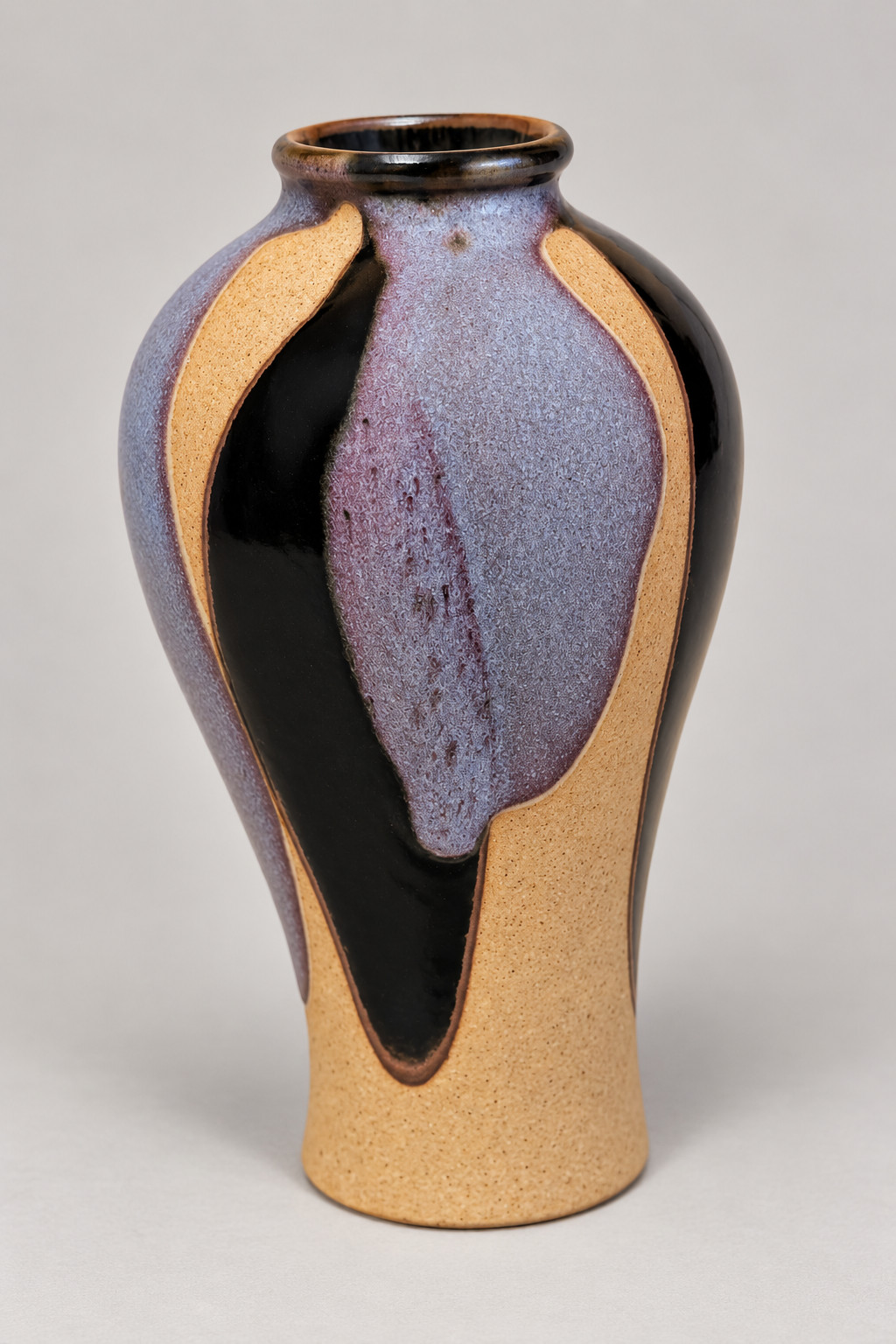 Vintage Mid-Century Modern Art Pottery Bud Vase – Black, Lavender & Tan