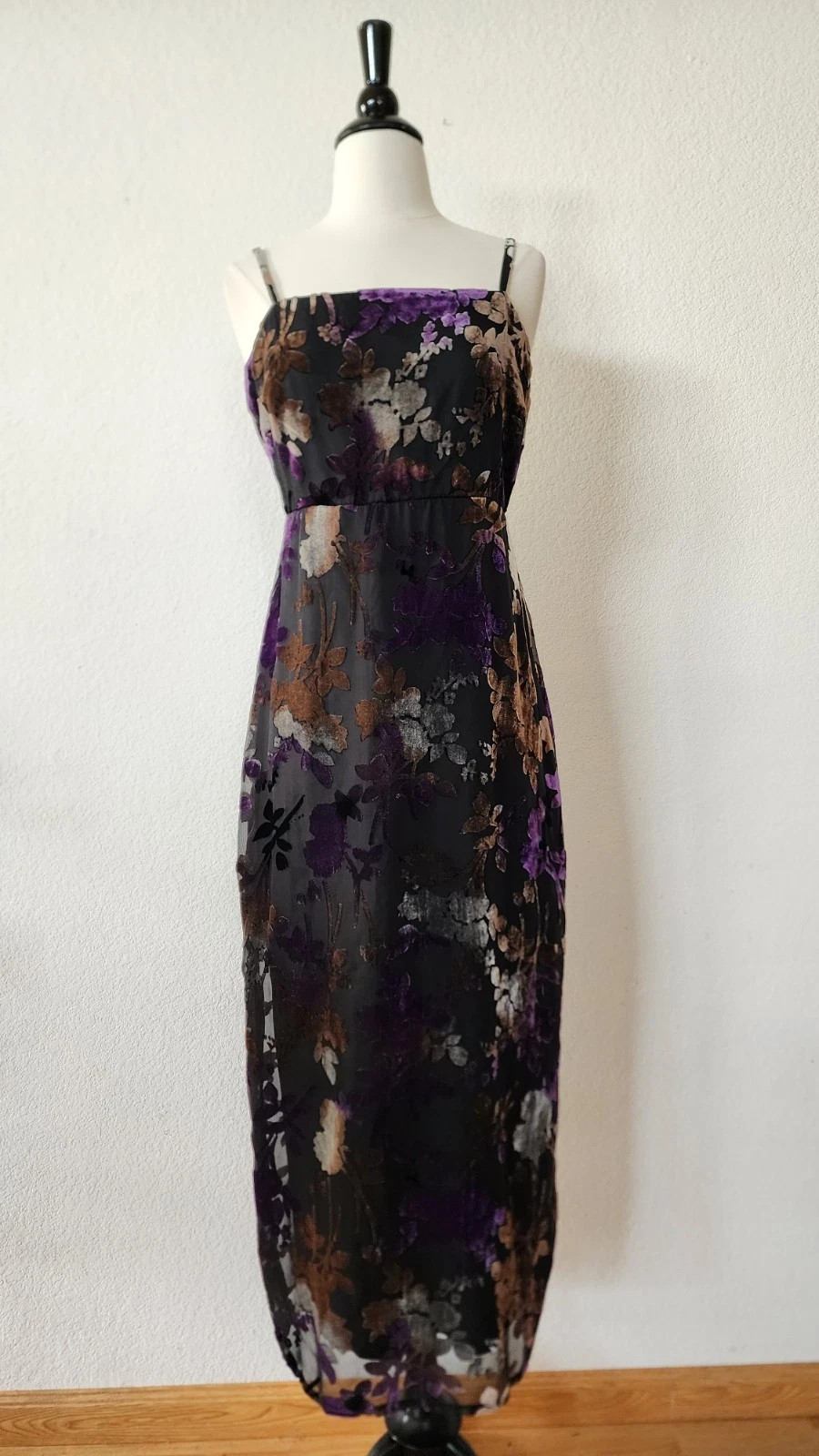 New Anthro Midi Dress Size Medium Black Burnout Velvet Floral Sexy Retro