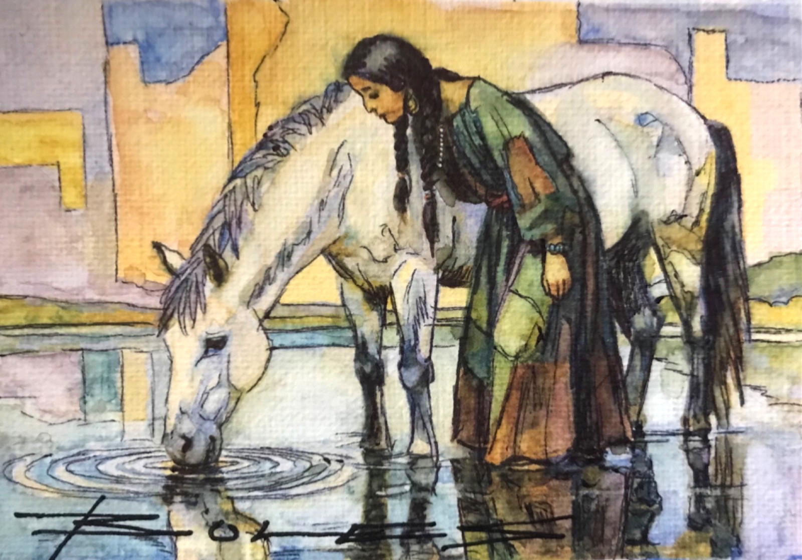 ORIGINAL  Painted Pen and Watercolor (ACEO) Bringing a Horse to Water