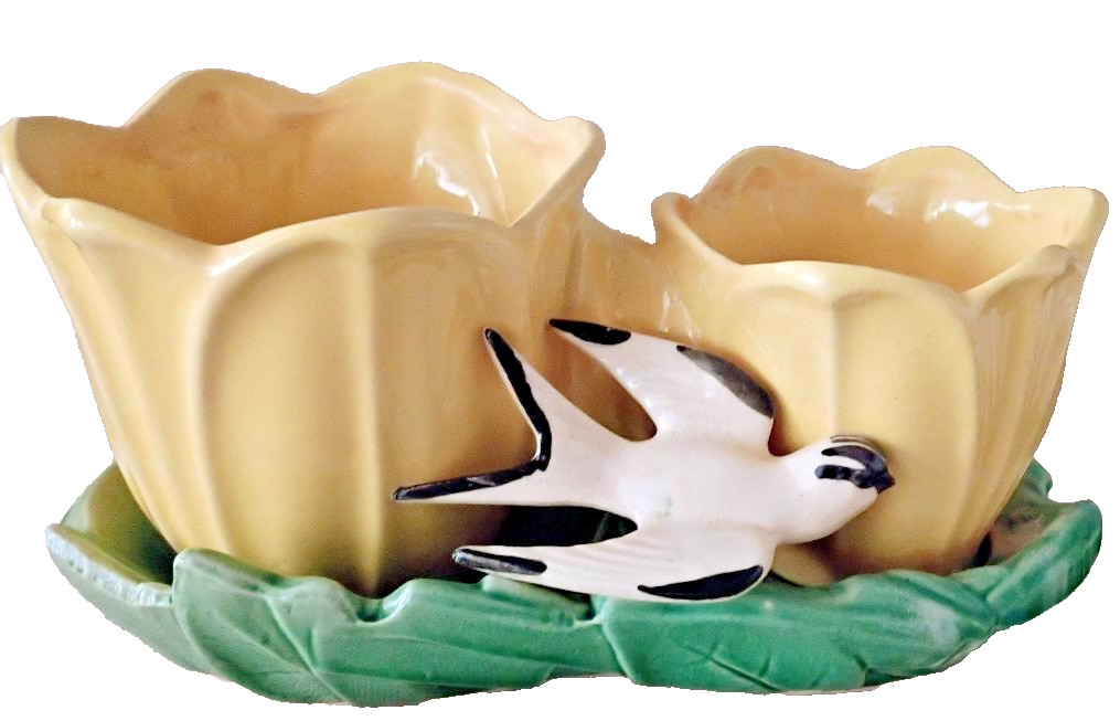VINTAGE McCOY POTTERY YELLOW DOUBLE TULIP WHITE SWALLOW  PLANTER
