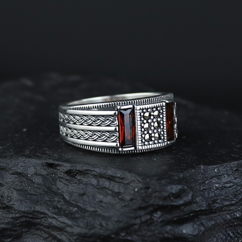 925 Men Silver Minimal Garnet Stone Handmade Red Gemstone Ring