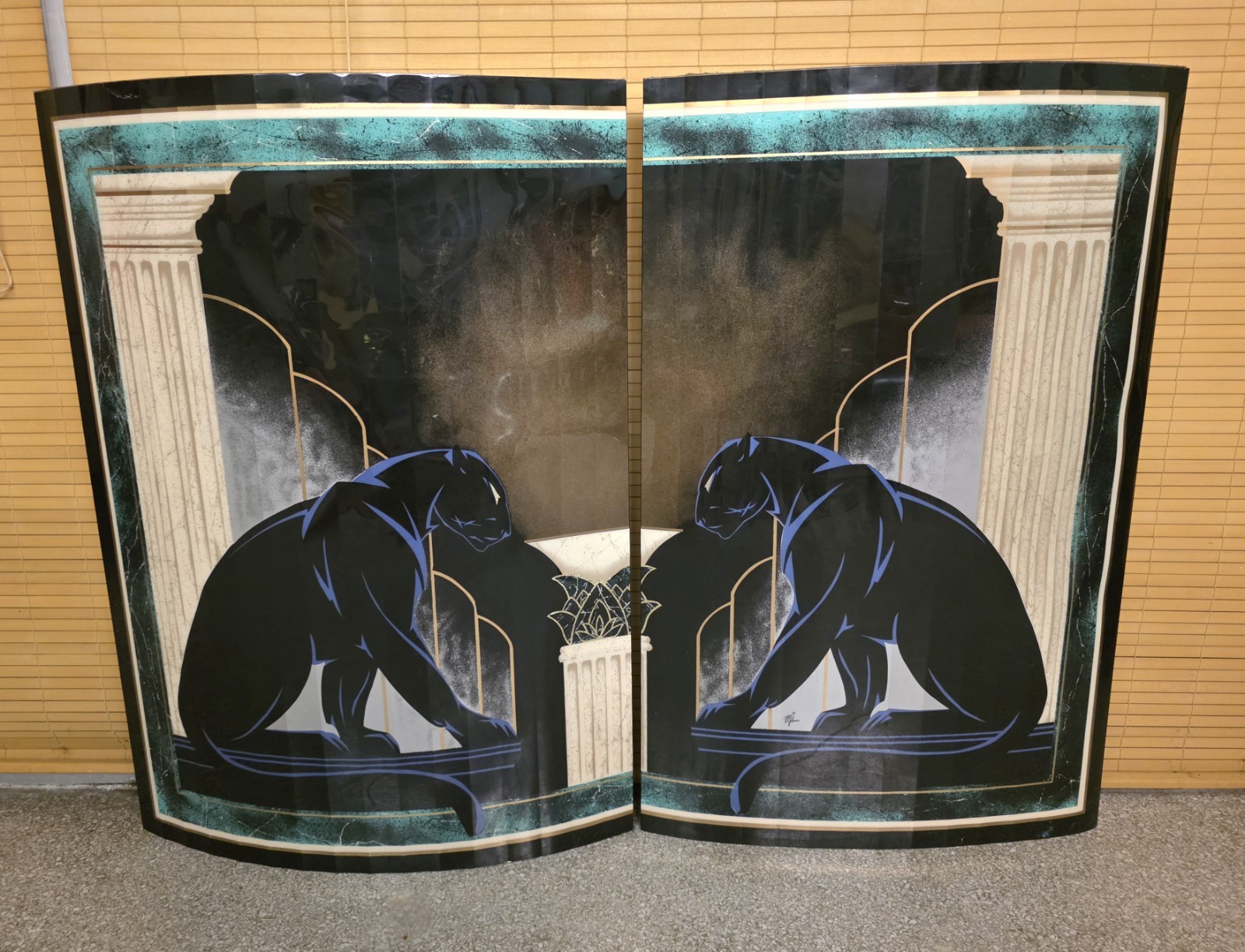 Vintage Large MCM Postmodern Jon Gilmore Black Panther Wall Art Pair 