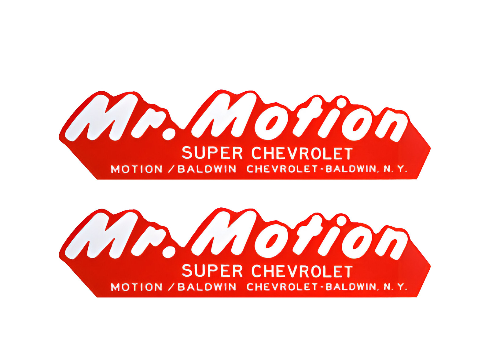 PAIR MR. MOTION, BALDWIN CHEVROLET NY Vintage Sticker Decal