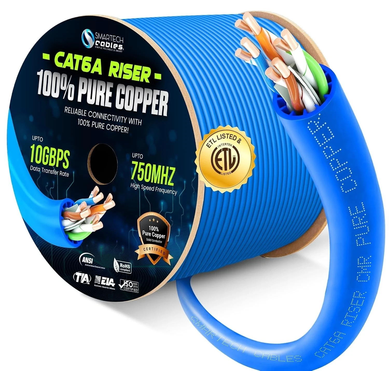 Cat6A Riser 1000ft Cable ETL Listed, Pure Copper CMR, 23AWG, 750MHz PoE++ 10Gbps Cat6A Riser 1000ft Cable ETL Listed, Pure Copper CMR, 23AWG, 750MHz PoE++ 10Gbps