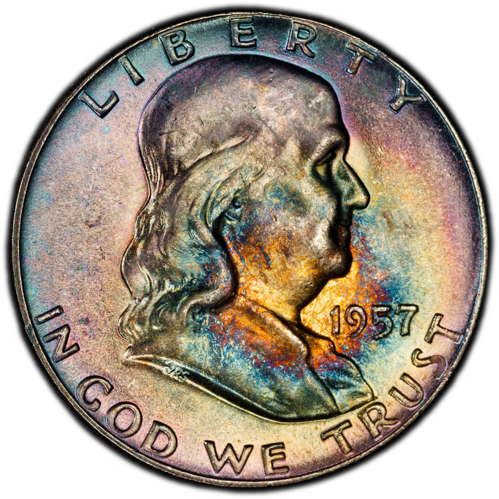 1957-P PCGS MS64 Franklin Half Dollar | Monster Rainbow Toning | Nice Bell Lines