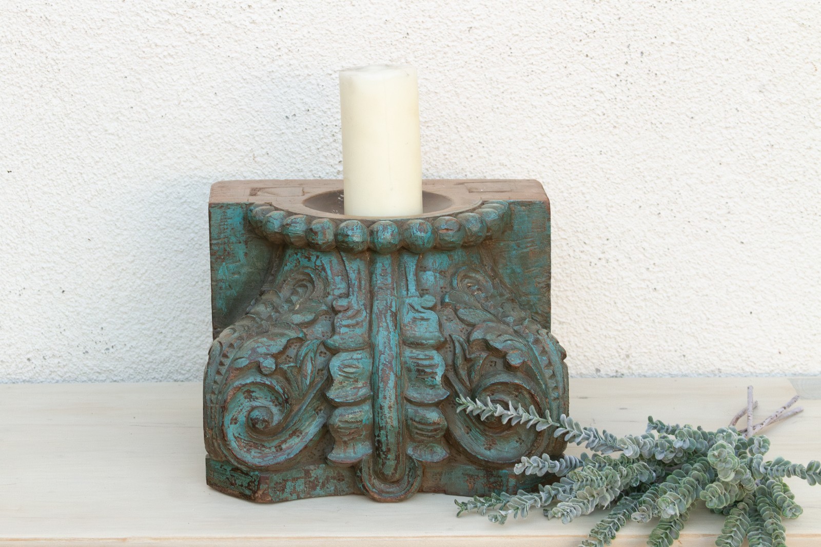 Finely Carved Turquoise Blue Teak Capital
