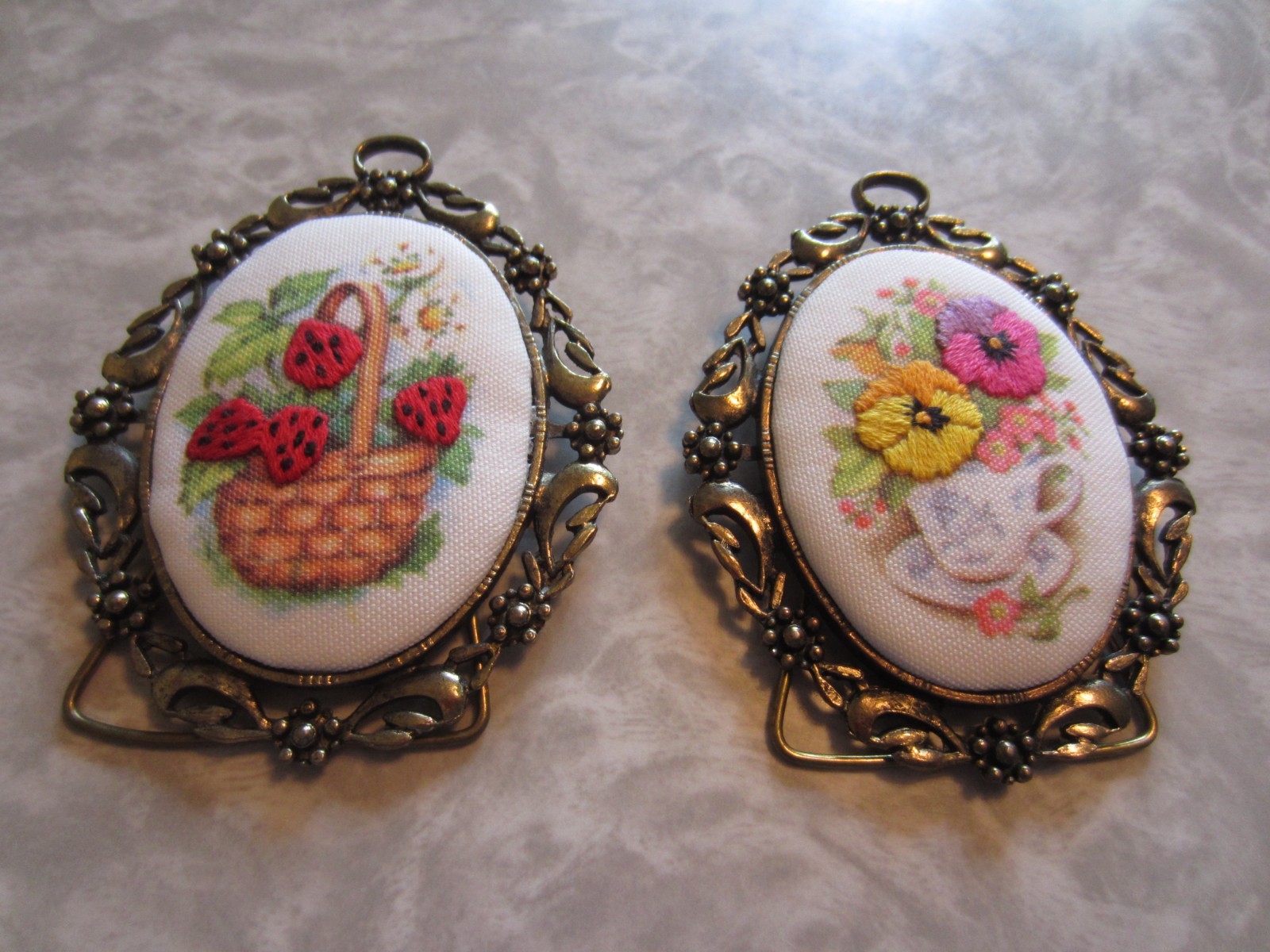 Vintage gold gilt frame SET OF TWO embroidered flowers framed hang or free stand Vintage gold gilt frame SET OF TWO embroidered flowers framed hang or free stand