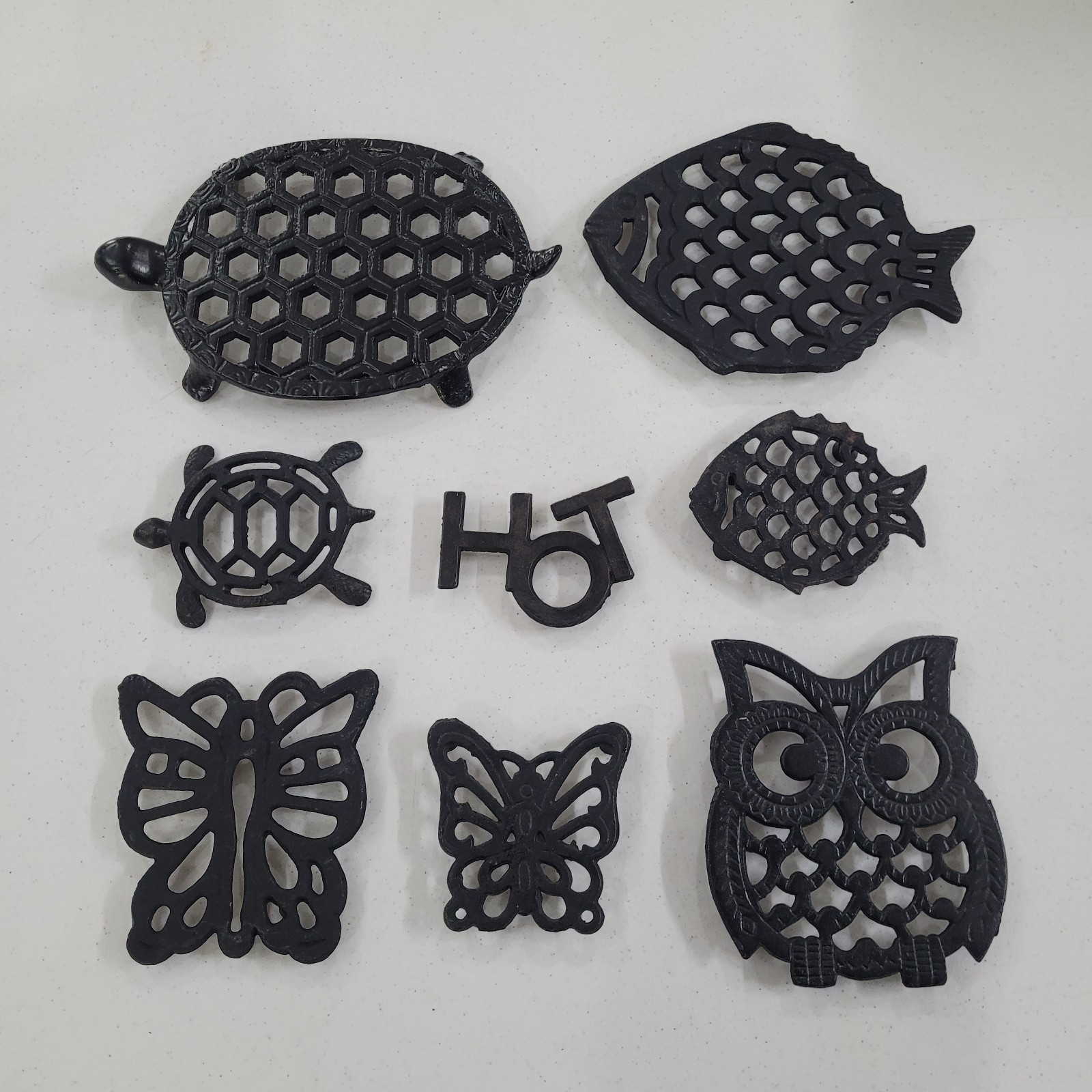 CAST IRON FOOTED TRIVETS Mixed Lot Of 8 Animal Counter Wall Display VTG 
