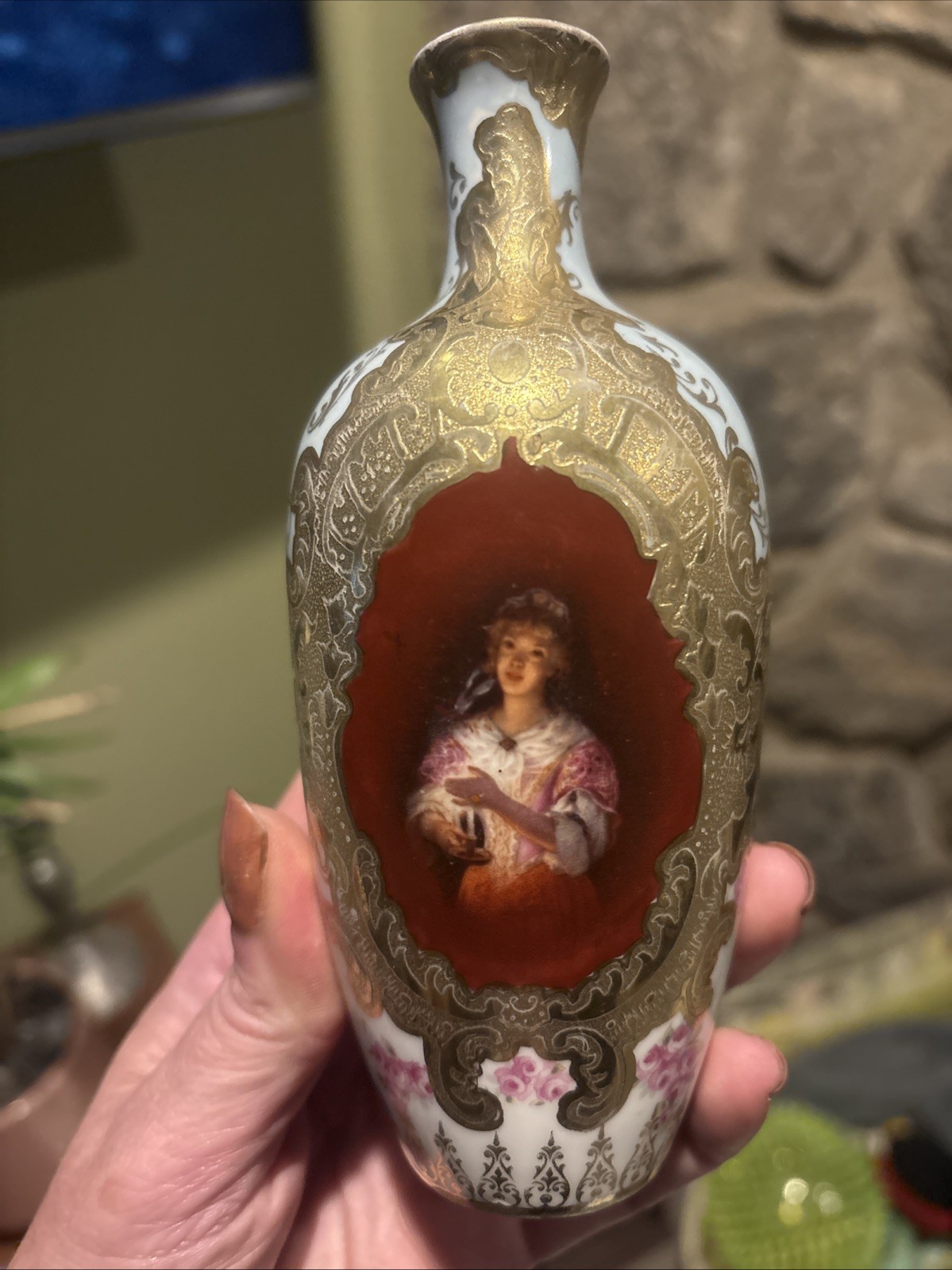 Antique Royal Bayreuth Bavaria 6” Portrait Vase Lady Heavy Gold Gilt Floral
